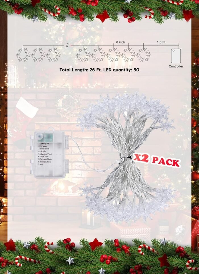 Christmas Snowflakes Light, Snowflakes Holiday Lights with Battery Operated, Waterproof Shatterproof Snowflake Decorative Xmas Fairy Lights for Outdoor Xmas Decor (Pure White, 2 Pack) - Image 2