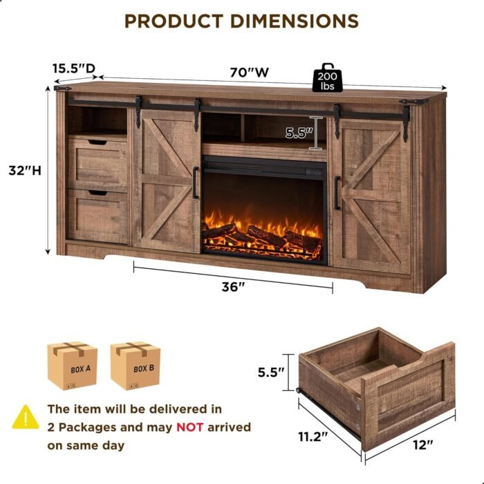 JXQTLINGMU Fireplace TV Stand for 80 Inch TV, Farmhouse Entertainment Center with 36" Fireplace, Modern Media Console with Sliding Barn Door & Storage Drawers for Living Room, Light Brown - Image 2