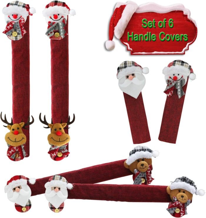 Mosoan Christmas Decorations Indoor 6 Pack Christmas Refrigerator Fridge Door Handle Covers, Santa Snowman Christmas Kitchen Decor Appliance Handle Cover Xmas Holiday Decor - Image 2