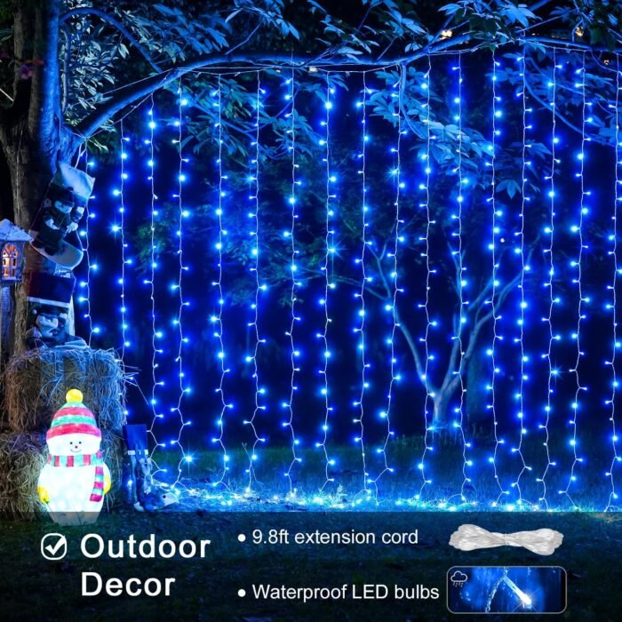 JMEXSUSS 300LED Christmas Curtain Lights, Blue Christmas Lights with Remote, Blue String Lights for Bedroom Wall Window Backdrop Garden Indoor Outdoor Christmas Decorations, 9.8x9.8ft - Image 3