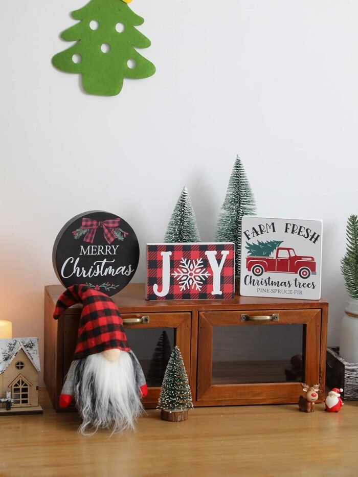Christmas Tiered Tray Décor Set of 7, Merry Christmas Farm Fresh Truck, Joy Wood Sign Buffalo Plaid Gnome Plush and Christmas Trees, Farmhouse Table Home Party Shelf Fireplace Mantel Decor - Image 4