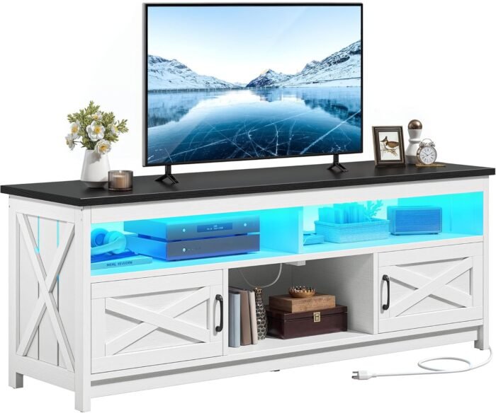 YITAHOME Farmhouse TV Stand for 75 65 Inch TV w/Power Outlets, LED Media Console with Storage Cabinets, Rustic Entertainment Center Table TV Cabinet for Living Room, 65'' Large TV Stand, Black/White - Image 9