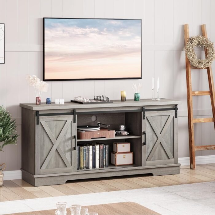 IDEALHOUSE Farmhouse TV Stand for 65 Inch TV, Entertainment Center with Storage and Sliding Barn Doors, Modern Media TV Console TV Stands for Living Room Bedroom (Gray Wash) - Image 3