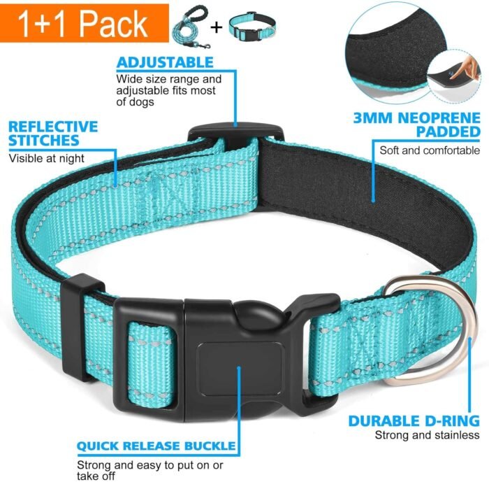 Reflective Dog Collar Padded with Soft Neoprene Breathable Adjustable Nylon Dog Collars for Small Medium Large Dogs (Collar+Leash L Neck 19"-23.5", Blue) - Image 3