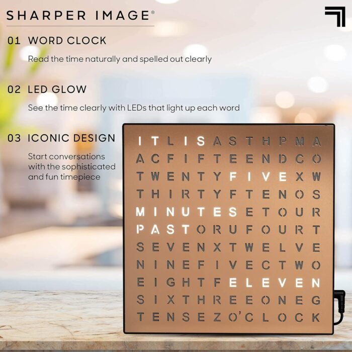 Sharper Image® LED Light-Up Word Clock, 7.75" Modern Design, Electronic Accent Wall or Desk Clock, USB Cord & Power Adapter, Unique Contemporary Home & Office Decor, Easy Setup, Housewarming Gift - Image 4