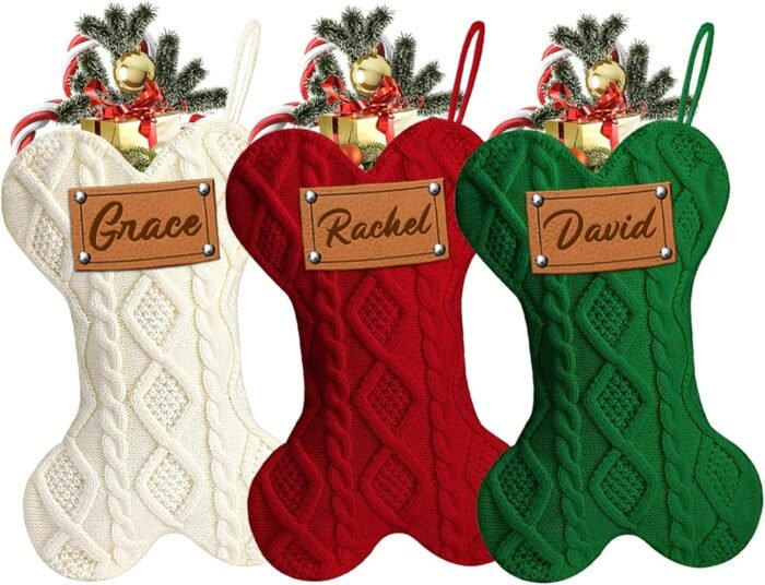 MATONGO Personalized Pet Dog Christmas Stocking, Custom Bone Knit Christmas Stocking Large 16.5 Inch with Laser Engraving Name, Customized Xmas Stocking, Gifts for Family Kids-Set of 3