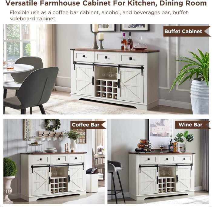 OKD Farmhouse Wine Bar Cabinet w/Sliding Barn Door, 54" Kitchen Coffee Bar Cabinet w/Wine & Glass Rack, Storage Shelves, 3 Drawers, Rustic Large Buffet Sideboard for Dining Room, Antique White - Image 3