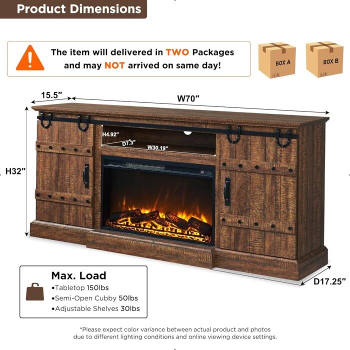 OKD 70" Fireplace TV Stand for 75 80 Inch TV, Farmhouse Highboy Entertainment Center with 30" Electric Fireplace &Sliding Barn Doors, 32" Tall Media Console Cabinet for Living Room, Reclaimed Barnwood - Image 5