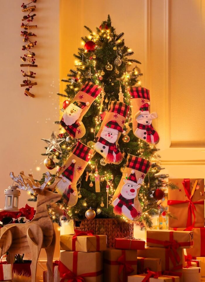Minetom Christmas Stockings, 4 Pack 18 Inches Hanging Xmas Stocking with Personalized Name Tag, Snowman Deer Santa Gnome Burlap Plaid Stocking Holiday Christmas Decoration Gifts for Family Kids - Image 4
