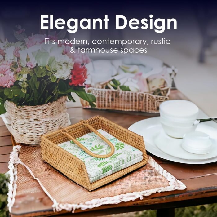 Rattan Napkin Holder, Handcrafted Flat Napkin Holder Basket, Napkin Holder For Kitchen Tables, Indoor And Outdoor, Picnic, Restaurants, Cafe, Home Decor, Napkin Size 7x7in (Elite Pattern) - Image 3