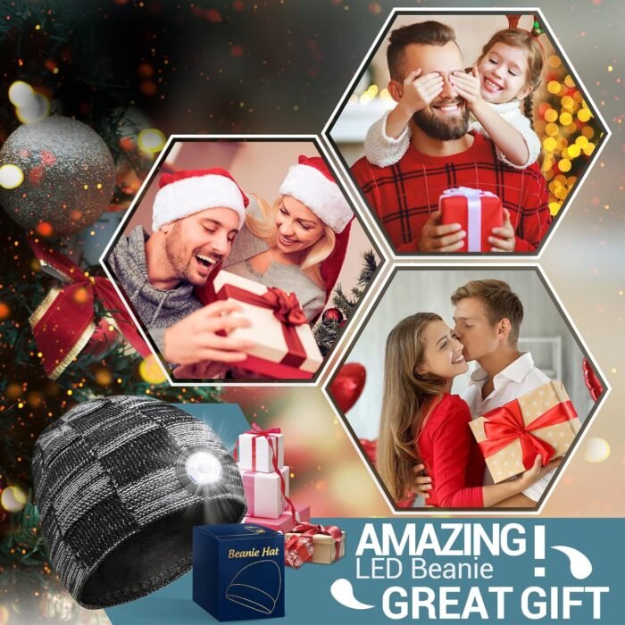 Gifts for Men Beanie Hat with Light - Christmas Stocking Stuffers for Adults Men Dad Birthday Gifts for Men Women Husband Teens Him Rechargeable Flashlight LED Headlamp Cap Winter Lighted Headlight - Image 3