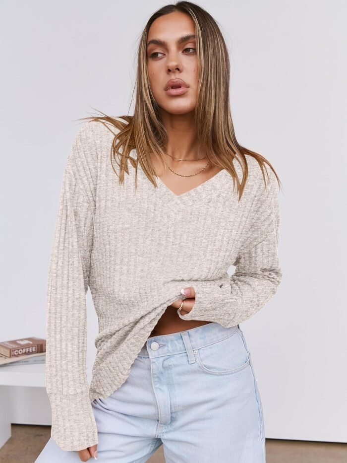 ANRABESS Long Sleeve Shirts for Women V Neck Casual Fall Tops Loose Fit Lightweight Sweaters Tunic Fashion 2024 Clothes - Image 3