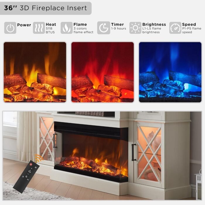 OKD 3-Sided Farmhouse Electric Fireplace TV Stand for TVs up to 80'', Highboy Entertainment Center with Glass Door Storage Cabinet, 70'' Large TV Stands with 36'' , Antique White - Image 2