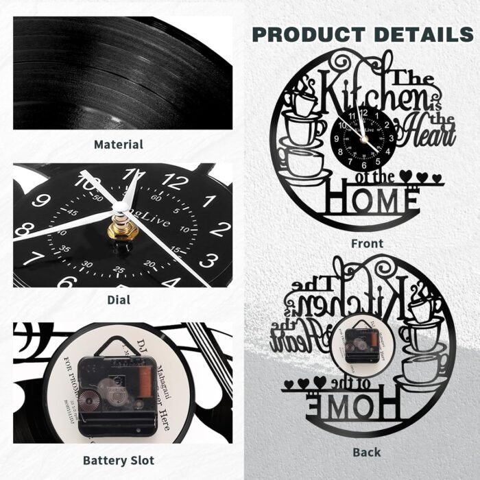 12 Inch Kitchen Vinyl Record Wall Clock, Kitchen Heat Home Theme Wall Clock, Coffee Bar Decor, Coffee Wall Decor for Kitchen Office Living Room, for Women Wives, Black - Image 7