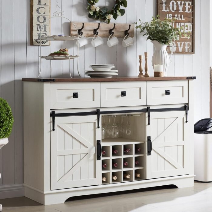 OKD Farmhouse Wine Bar Cabinet w/Sliding Barn Door, 54" Kitchen Coffee Bar Cabinet w/Wine & Glass Rack, Storage Shelves, 3 Drawers, Rustic Large Buffet Sideboard for Dining Room, Antique White