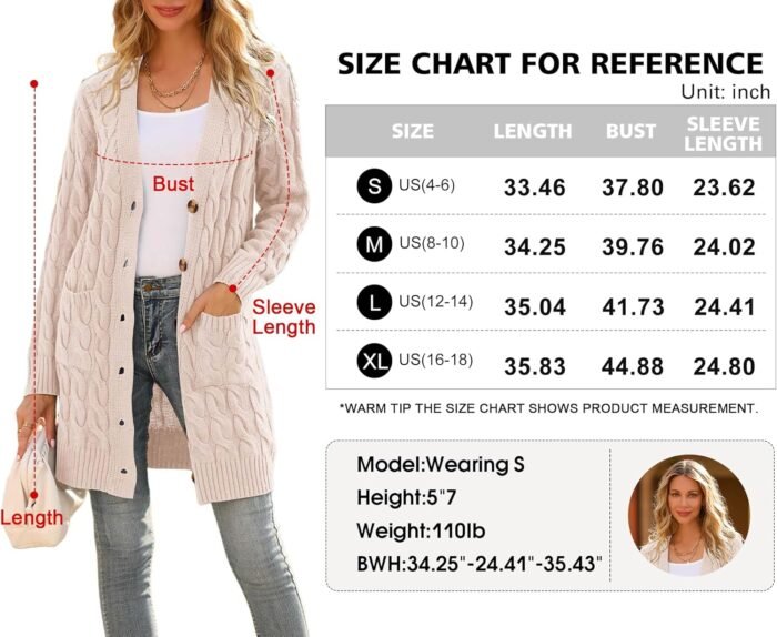 PRETTYGARDEN Long Sleeve Cable Knit Long Cardigan for Women 2024 Fall Winter Chunky Open Front Button Sweaters with Pockets - Image 7