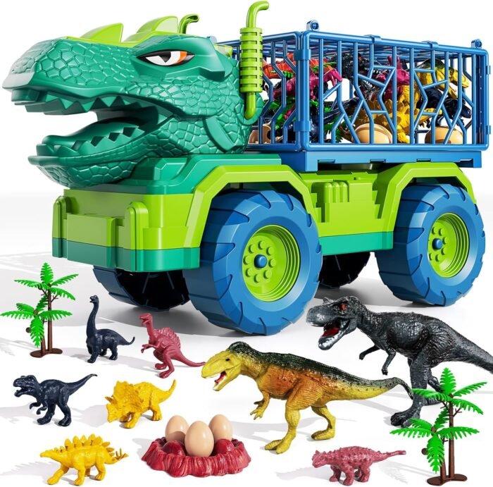 TEMI Dinosaur Truck Toys for Kids 3-5 Years, Tyrannosaurus Transport Car Carrier Truck with 8 Dino Figures, Activity Play Mat, Dinosaur Eggs, Trees, Capture Jurassic Play Set for Boys and Girls