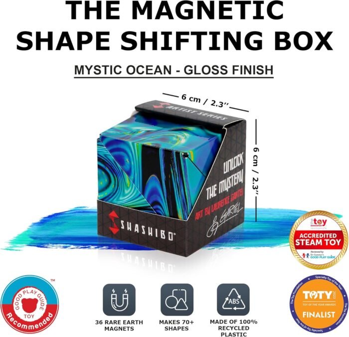 SHASHIBO Shape Shifting Box - Award-Winning, Patented Fidget Cube w/ 36 Rare Earth Magnets - Transforms Into Over 70 Shapes, Download Fun in Motion Toys Mobile App (Artist Series - Mystic Ocean) - Image 2