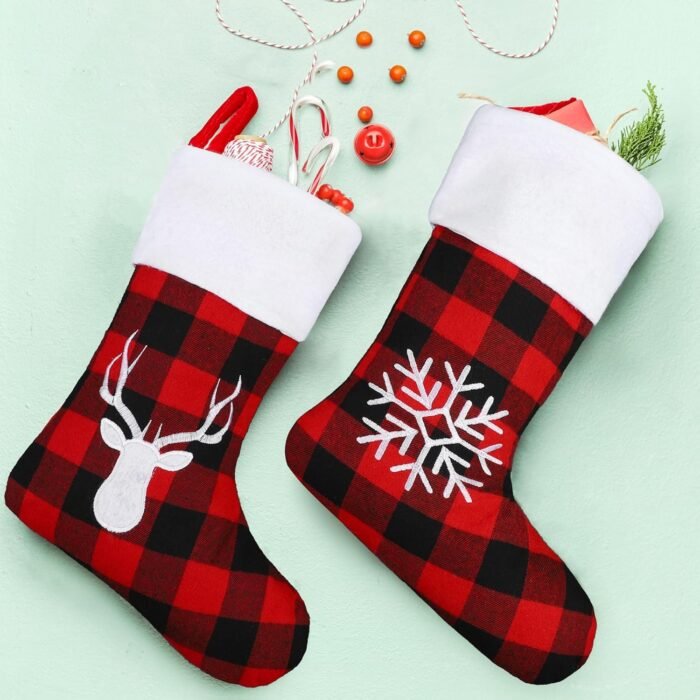 Aodaer 12 Pack Christmas Stockings 15 Inch Felt Red Black Buffalo Plaid Christmas Stockings with Reindeer Snowflake Pattern Xmas Hanging Stockings for Xmas Tree Fireplace Gift Holding Party Decoration - Image 5