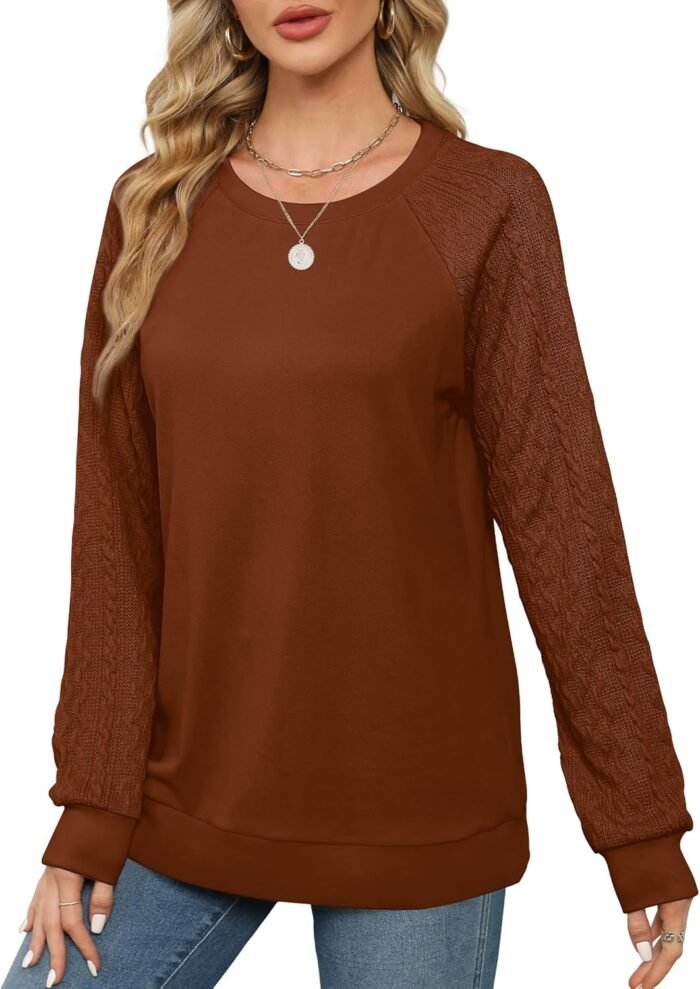 Saloogoe Sweatshirts for Women Crewneck Cable Knit Sleeve Sweaters Lightweight Fashion 2024 - Image 2