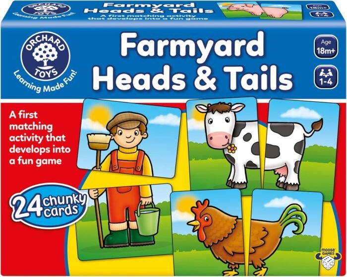 Orchard Toys Moose, Farmyard Heads & Tails Game. A First Matching Activity That develops into a Fun Game. 24 Chunky Cards. Age 18 Months+. 1-4 Players