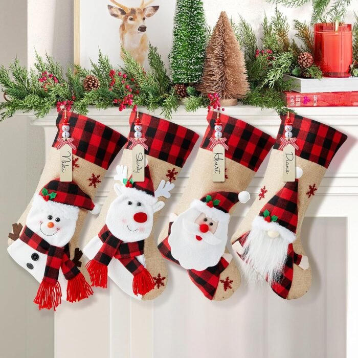 Minetom Christmas Stockings, 4 Pack 18 Inches Hanging Xmas Stocking with Personalized Name Tag, Snowman Deer Santa Gnome Burlap Plaid Stocking Holiday Christmas Decoration Gifts for Family Kids