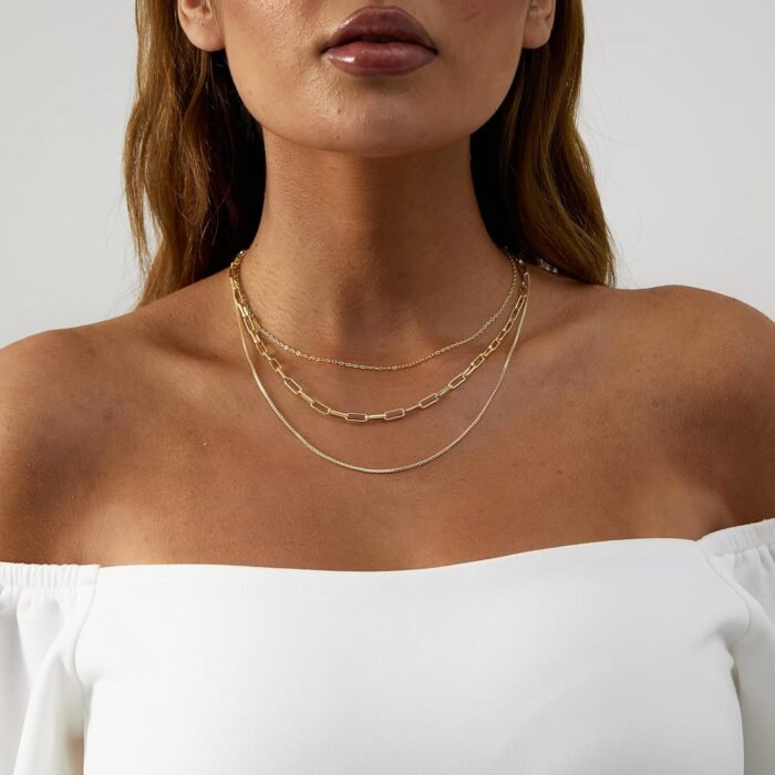 VIROMY Dainty Gold Necklace for Women 14K Gold Plated Layered Satellite Necklaces Trible Layering Paper Clip Chain Link Necklace Everyday Jewelry - Image 3