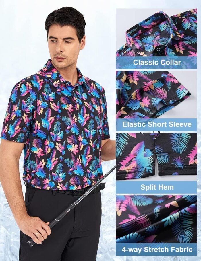 Hodaweisolp Golf Shirts for Men Dry Fit Print Moisture Wicking Performance Short Sleeve Polo Shirt - Image 3