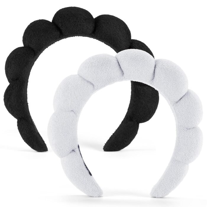 Spa Headbands, Set of 2 - Terry Cloth Headband for Washing Face or Facial, Puffy Makeup Headbands for Face Washing, Mask, Skin Treatment - 1 White & 1 Black