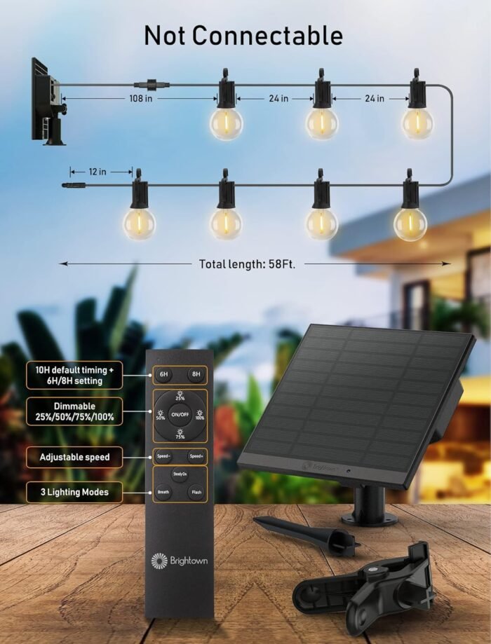 Brightown 58FT Solar String Lights Outdoor with Remote Cable Ties and Hooks, Commercial Grade Patio Lights with 26 LED Shatterproof Bulbs, 3 Light Modes Hanging Light for Backyard Party Decor - Image 9