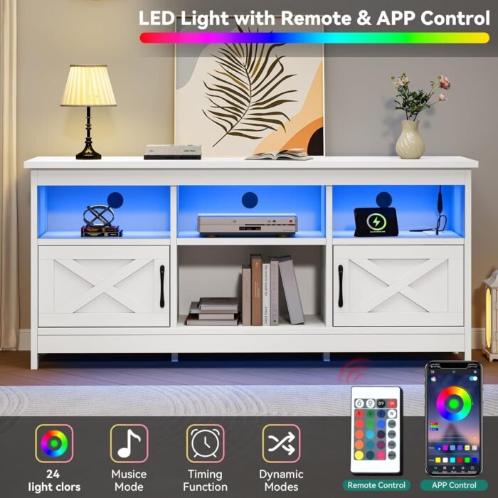 YITAHOME Farmhouse TV Stand with Power Outlet, Entertainment Center, LED Light Media Console, Simple TV Cabinet for Living Room or Bedroom, White 59 Inch - Image 4