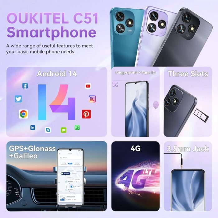 OUKITEL C51 Android 14 Smartphone - 6.8" HD+ Screen Unlocked Cell Phones, 18GB+128GB/SD 1TB, 5150mAh Battery Mobile Phones, 13MP Camera, Three Slots, Face ID/Fingerprint, GPS, BT5.0,T-Mobile, Black - Image 4