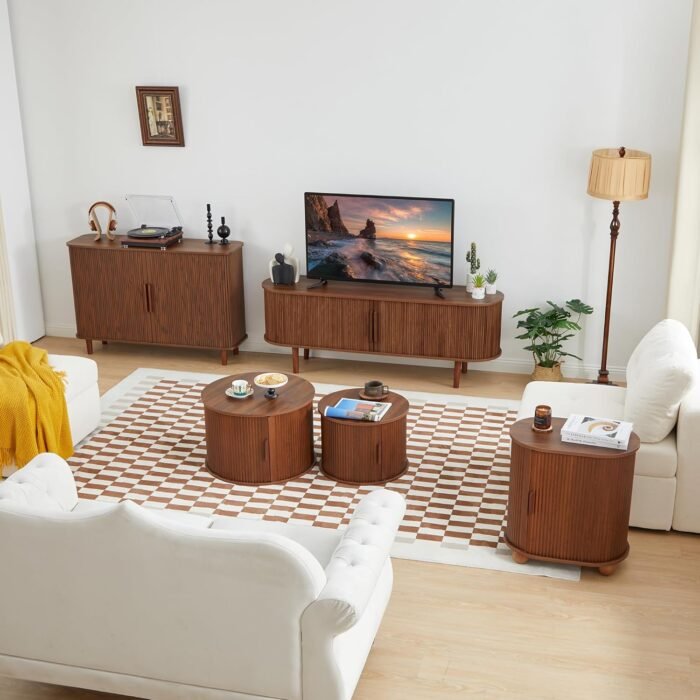 TV Stand, Modern TV Console Table with Storage Compartment and Sliding Door, Gaming Entertainment Center with Cabinet for Living Room, Bedroom, Office (Walnut) - Image 7