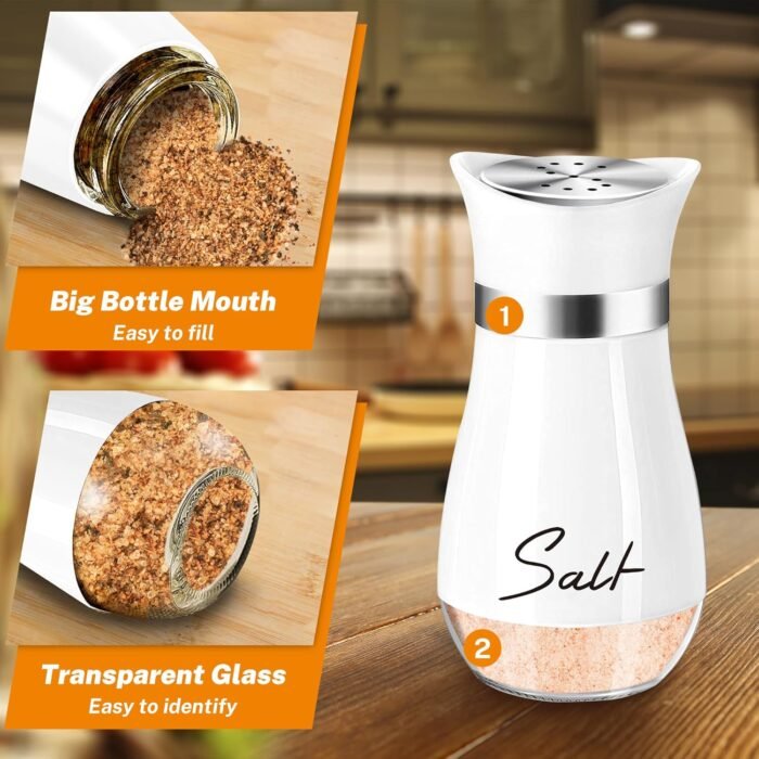 Salt and Pepper Shakers Set with Holder,4 oz Bottom Salt Shaker with Stainless Steel Lid for Kitchen Gadgets Cooking Table Housewarming Gift Christmas Decor Refillable Design (Black + White) - Image 3
