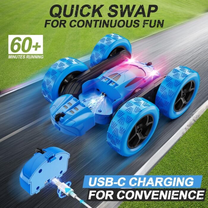 Remote Control Car, RC Cars Toys for Kids Ages 6-12, 4WD Stunt Car with LED Lights & 360° Flips, 2.4GHz, Upgraded USB-C Modular Batteries, 8-10 Year Old Boys 1-Blue - Image 2