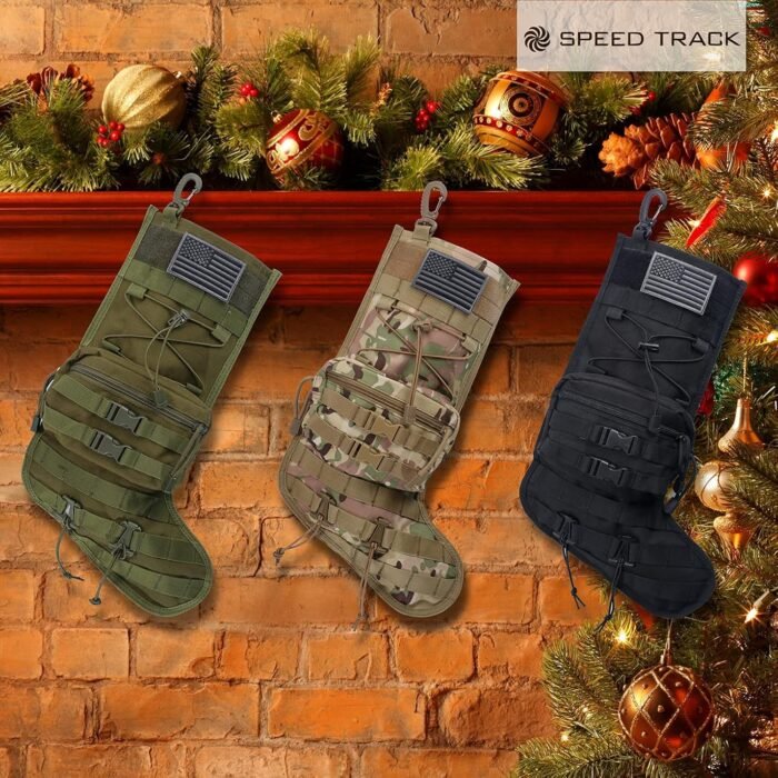Tactical Christmas Stocking, with Flag Patch MOLLE Webbing, Zip Pocket, MOLLE Clips, Gift for Veterans Military Patriotic and Outdoorsy People, Khaki Camouflage - Image 8