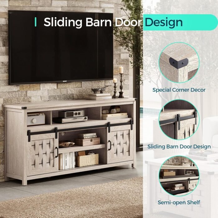 LINSY HOME Farmhouse TV Stand for 65 Inch TV, Tall Highboy Entertainment Center with Sliding Barn Door, Rustic Media Console with Storage Shelves, Wood Television Stand for Living Room, Light Grey - Image 3