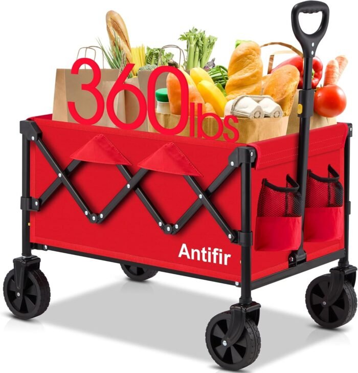 Collapsible Wagon Cart Foldable 360 LBS, Portable Garden Wagon Cart All Terrain with Large Capacity, Heavy Duty Folding Utility Wagon Cart for Groceries, Sports, Shopping, Camping Outdoor, Red
