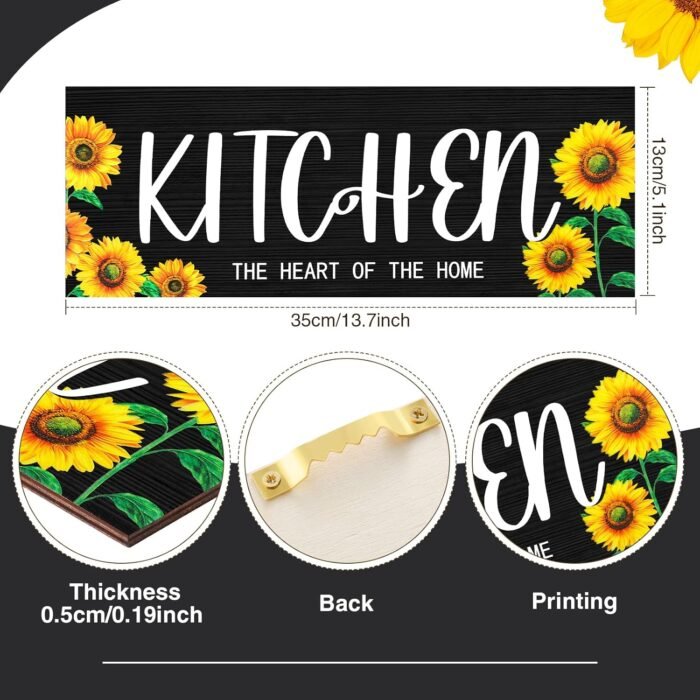 Yerliker 3 Pieces Sunflower Kitchen Decor Hello Summer Blessed Thankful Wooden Hanging Eat Signs Fork and Spoon Summer Farmhouse Wall Art Decor for Kitchen Home (Black, 13.78 x 5.12 Inch) - Image 2