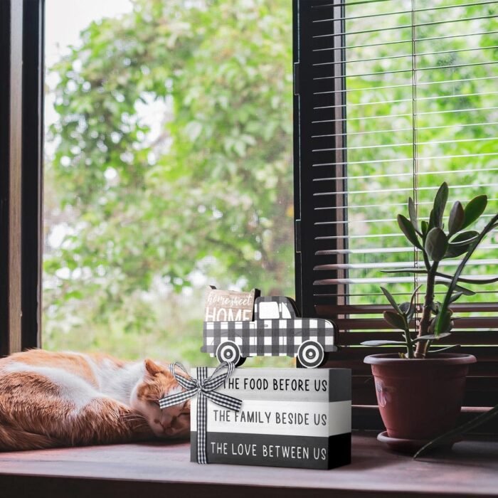 Farmhouse Tiered Tray Decor Wooden Home Sweet Home Truck Tiered Tray Decor Shelf Decorations Black and White Wooden Book Decor Rustic Truck Decor Sign for Window Shelf Desk and Home Decoration - Image 5