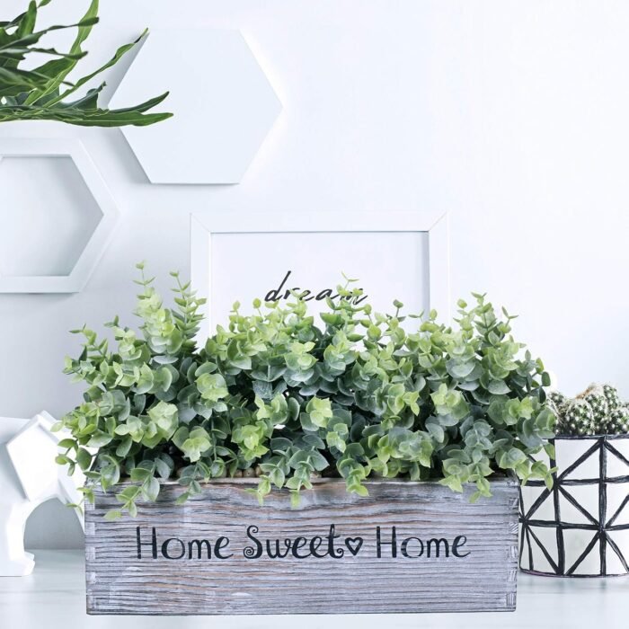 1 Pcs Wooden Potted Eucalyptus Plant Greenery Arrangement Artificial Eucalyptus Plant in Rectangular Wood Planter Box for Rustic Farmhouse Indoor Centerpiece Tabletop Window Sills Kitchen Shelf Decor - Image 5