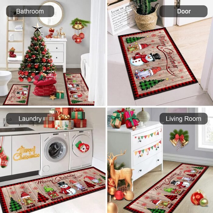2 Pcs Christmas Kitchen Rugs and Mats, Merry Christmas and Happy New Year Kitchen Decor Non-Slip Floor Mat Sets, Gnome Snowman Washable Microfiber Kitchen Carpet 17x47+17x30 Inches - Image 4