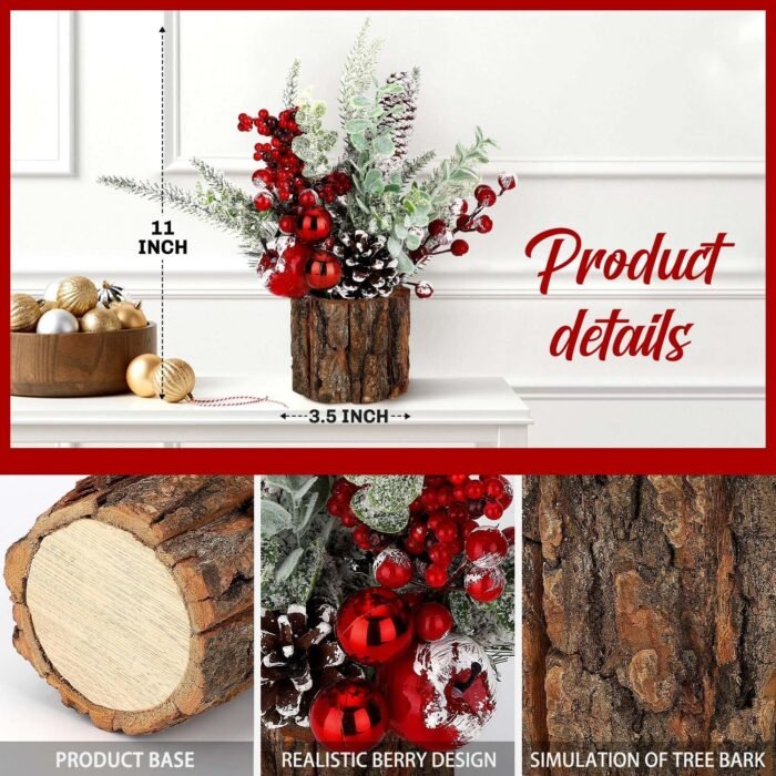 Small Christmas Tree Tabletop Artificial Mini Christmas Tree Decorations with Holiday Ornaments Red Berry Pine Cone Greenery for Home Indoor Fireplace Mantel Xmas Decor (2pcs -Tree Stump-Red) - Image 3