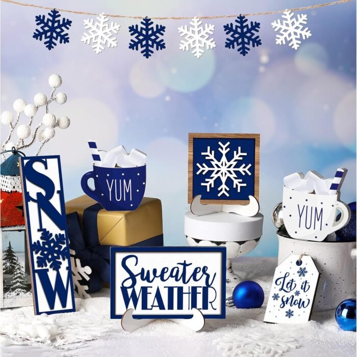 Jetec 12 Pieces Christmas Tiered Tray Decor Winter Snowflake Wooden Sign Table Decorations Farmhouse Coffee Bar Signs Snowflake Winter Tray Decor for Home Xmas Holiday Tabletop(Blue) - Image 6