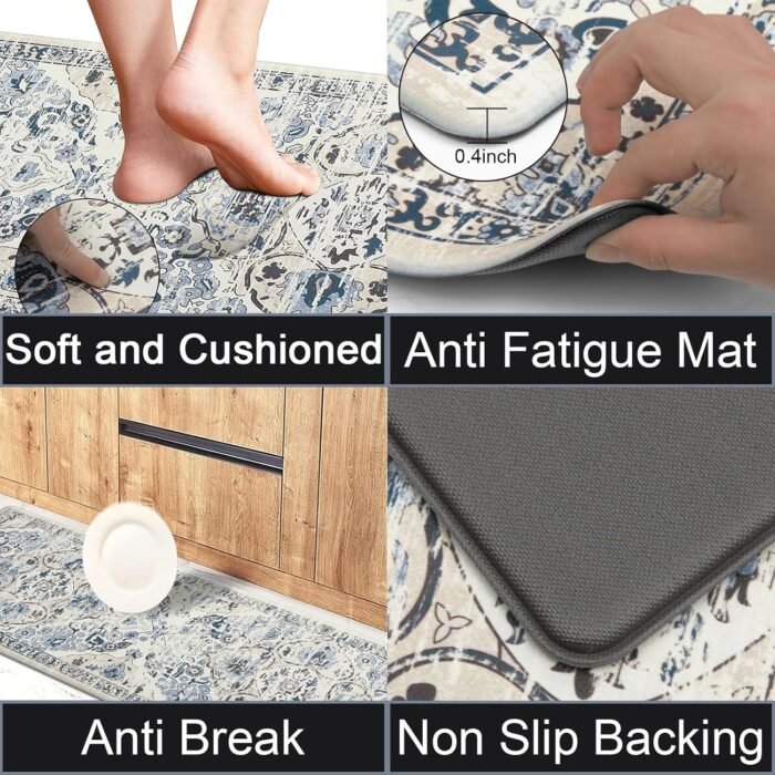 Ileading Kitchen Anti Fatigue Mat Set of 2 Non Skid Waterproof Kitchen Floor Mat Vintage Cushioned Comfort Standing Mat Boho Kitchen Rug Runner for Kitchen Sink Laundry, 17"x47"+17"x28", Blue - Image 4