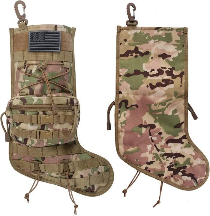 Tactical Christmas Stocking, with Flag Patch MOLLE Webbing, Zip Pocket, MOLLE Clips, Gift for Veterans Military Patriotic and Outdoorsy People, Khaki Camouflage - Image 5