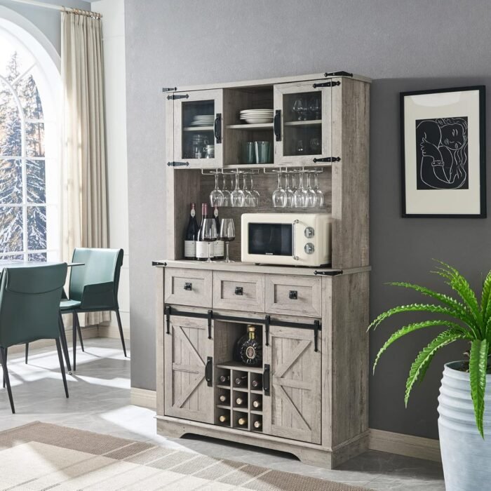 OKD 72" Farmhosue Bar Cabinet with Sliding Barn Door, Large Kitchen Buffet with Hutch w/Wine & Glasses Rack, 3 Drawers, 12 Storage Shelves, Rustic Coffee Bar Sideboard Table, Light Rustic Oak - Image 9