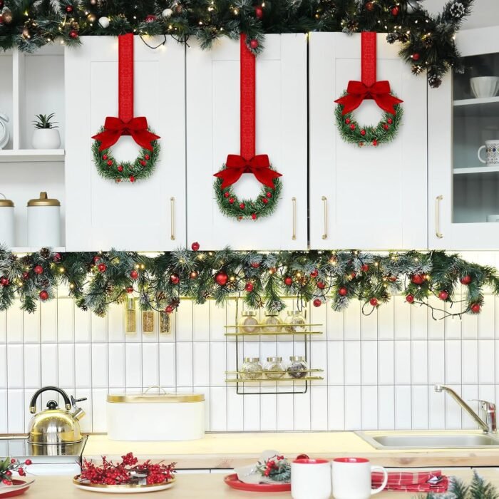 12 Pcs Christmas Kitchen Cabinet Wreaths with Ribbon 3.94 Inch Mini Christmas Wreath Small Kitchen Wreath Greenery Wreath for Window Door(Red,Classic Style) - Image 6