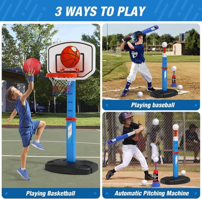 2 in 1 Kids Basketball Hoop and T Ball Set - Adjustable Height, Kids Baseball Tee with Automatic Pitching Machine, Indoor Outdoor Sport Toys Gifts for Toddler Boys Girls Age 1-5, Blue - Image 2