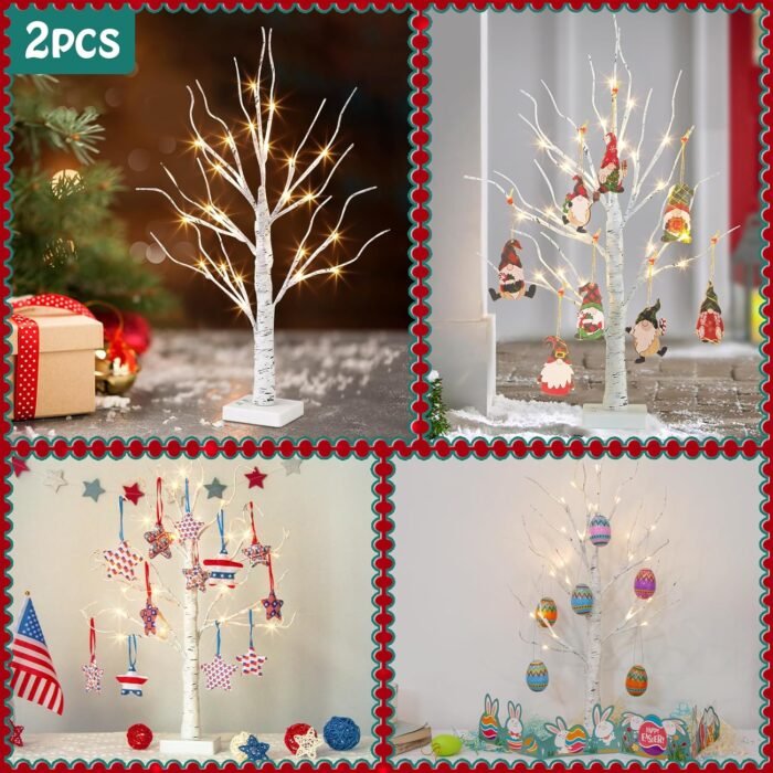Vanthylit White Birch Tree with LED Lights - Set of 2, LED Tabletop Tree with Timer, Christmas Decorations Lighted Tree for Indoor Mantel Home Decor (2 FT, 24 LED) - Image 5